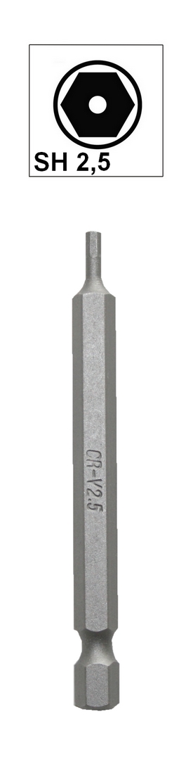 Bit Sechskant mit Loch Bohrung SH2,5 Chrom-Vanadium 75 mm (0104)