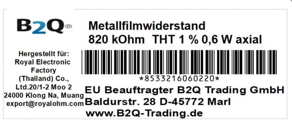 Metallfilm Widerstand Resistor 820 kOhm 0,6 W 1% 5 Stück (6022)