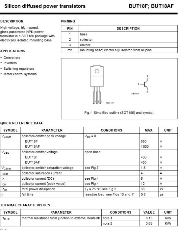 Transistor BUT18AF NPN 1000V 6A TO220F (0049)
