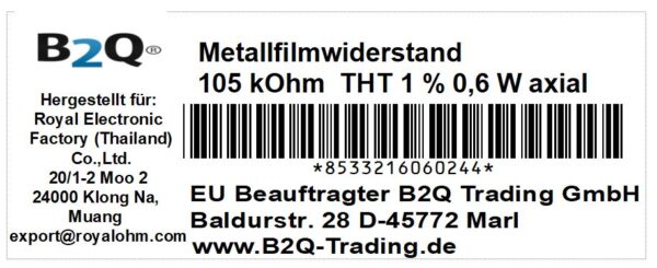 Metallfilm Widerstand Resistor 105 kOhm 0,6 W 1% 5 Stück (6024)